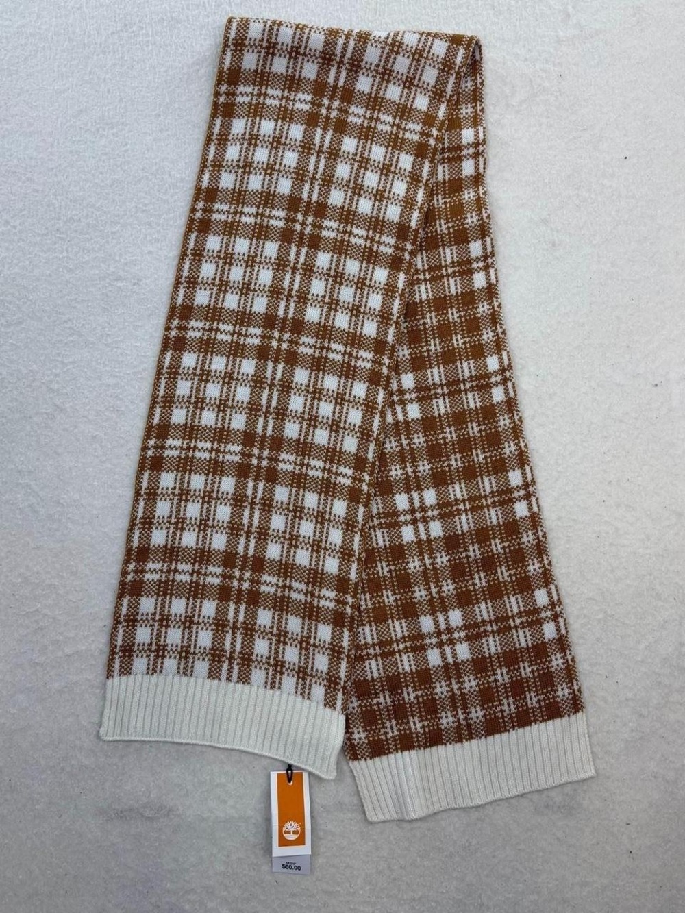 Brown and White Plaid Knit Scarf